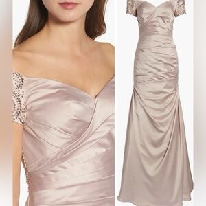 Elegant Champagne La Femme Gown with Beaded Sleeves – Size 4
